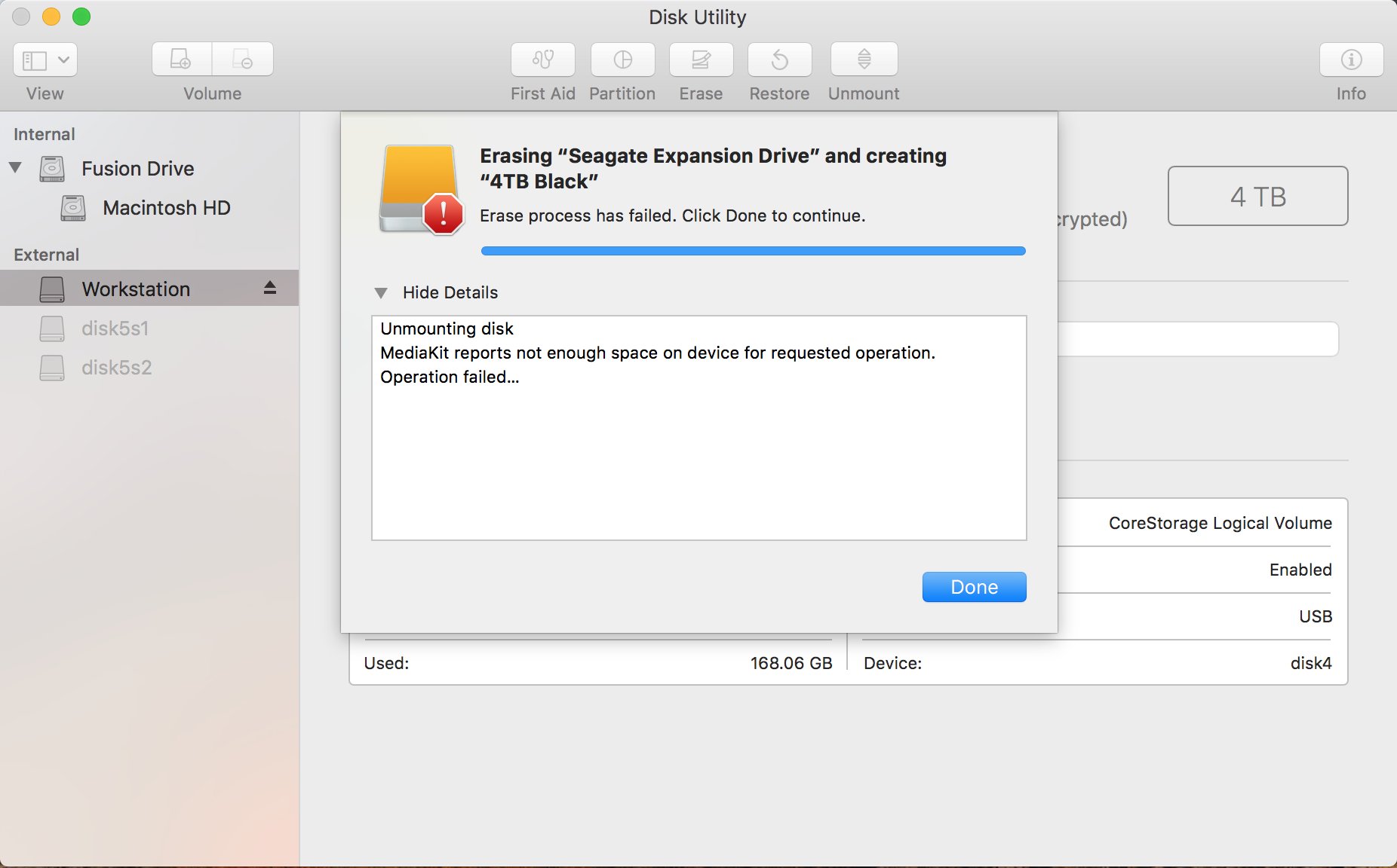 Failed macOS Disk Utility Format of a New Segate Drive